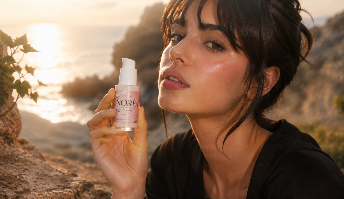 The NORÉA Pigment Perfecting Serum photographed among driftwood